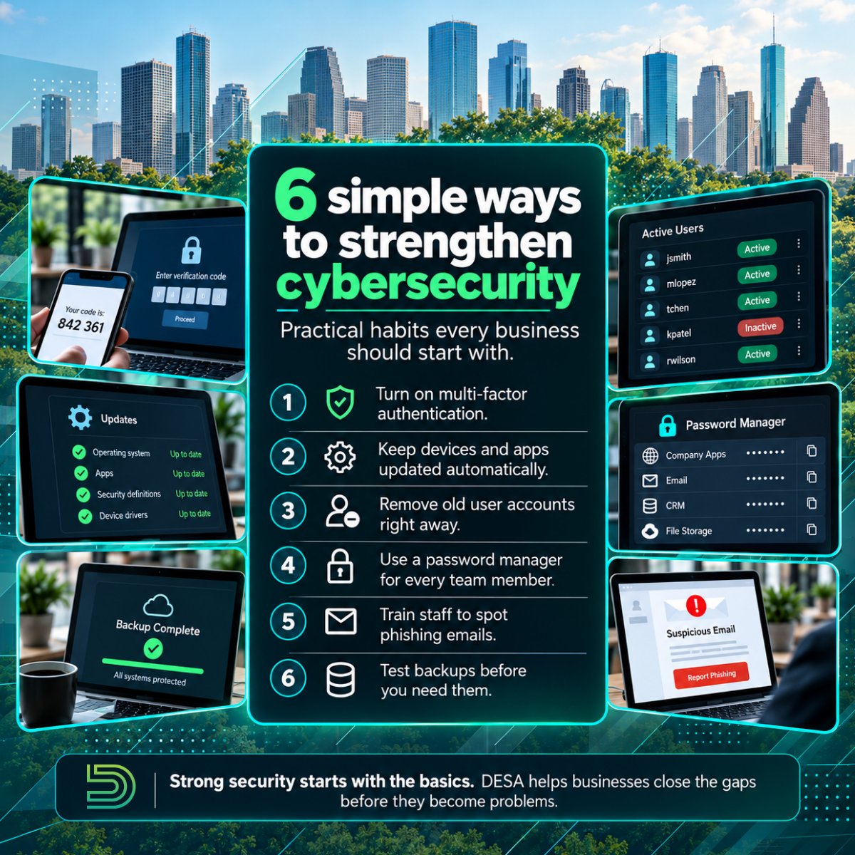 DesaNetwork's tweet photo. Cybersecurity doesn’t have to be complicated. 🔐

Start with the basics: MFA, updates, strong passwords, removing old accounts, phishing awareness, and tested backups.

Small steps can close big security gaps.

#Cybersecurity #ITSecurity #ManagedIT https://t.co/BebieHWlcN