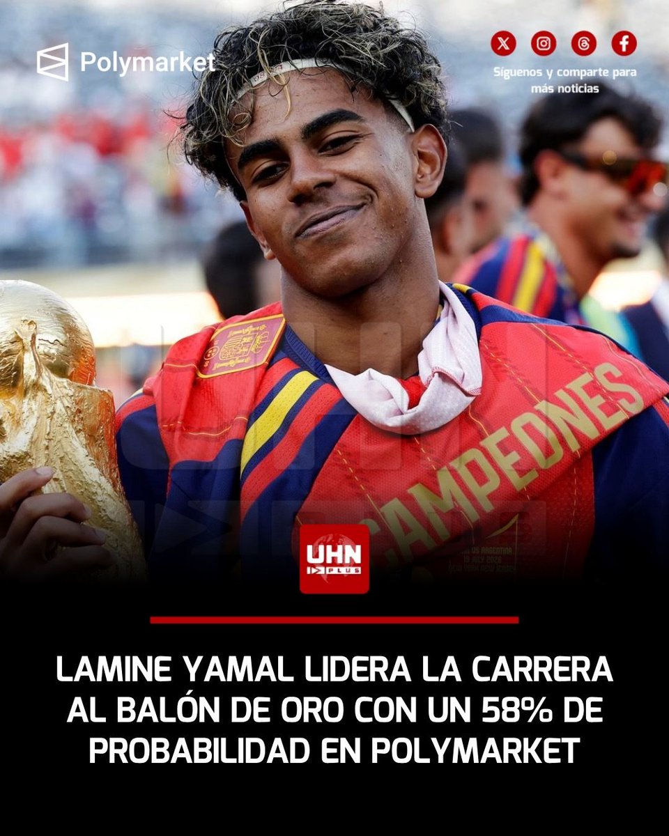 UHN_Plus's tweet photo. 🇪🇸‼️ | Lamine Yamal se consolida como el principal favorito para ganar el Balón de Oro al registrar un 58% de probabilidad de victoria en Polymarket: la estrella del FC Barcelona y de la Selección de España lidera por delante de competidores como Harry Kane y Kylian Mbappé, impulsado por su rendimiento ofensivo en el inicio de la temporada y tras la consecución de la Copa del Mundo.