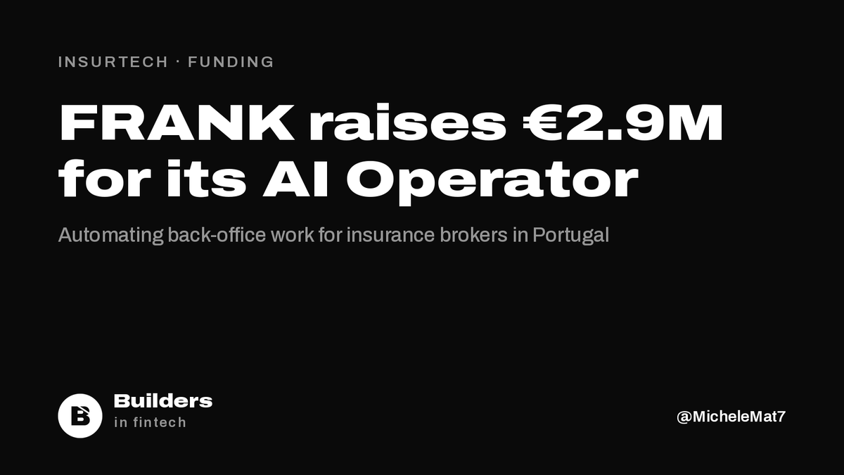 buildersfintech's tweet photo. Portuguese insurtech FRANK has raised €2.9M led by Armilar and Start Ventures.

Its AI Operator logs into insurer portals to get quotes, follow up claims and update client data for brokers. 350+ agencies, 70,000 tasks a month. International expansion planned for 2027. https://t.co/cAL542JZeP