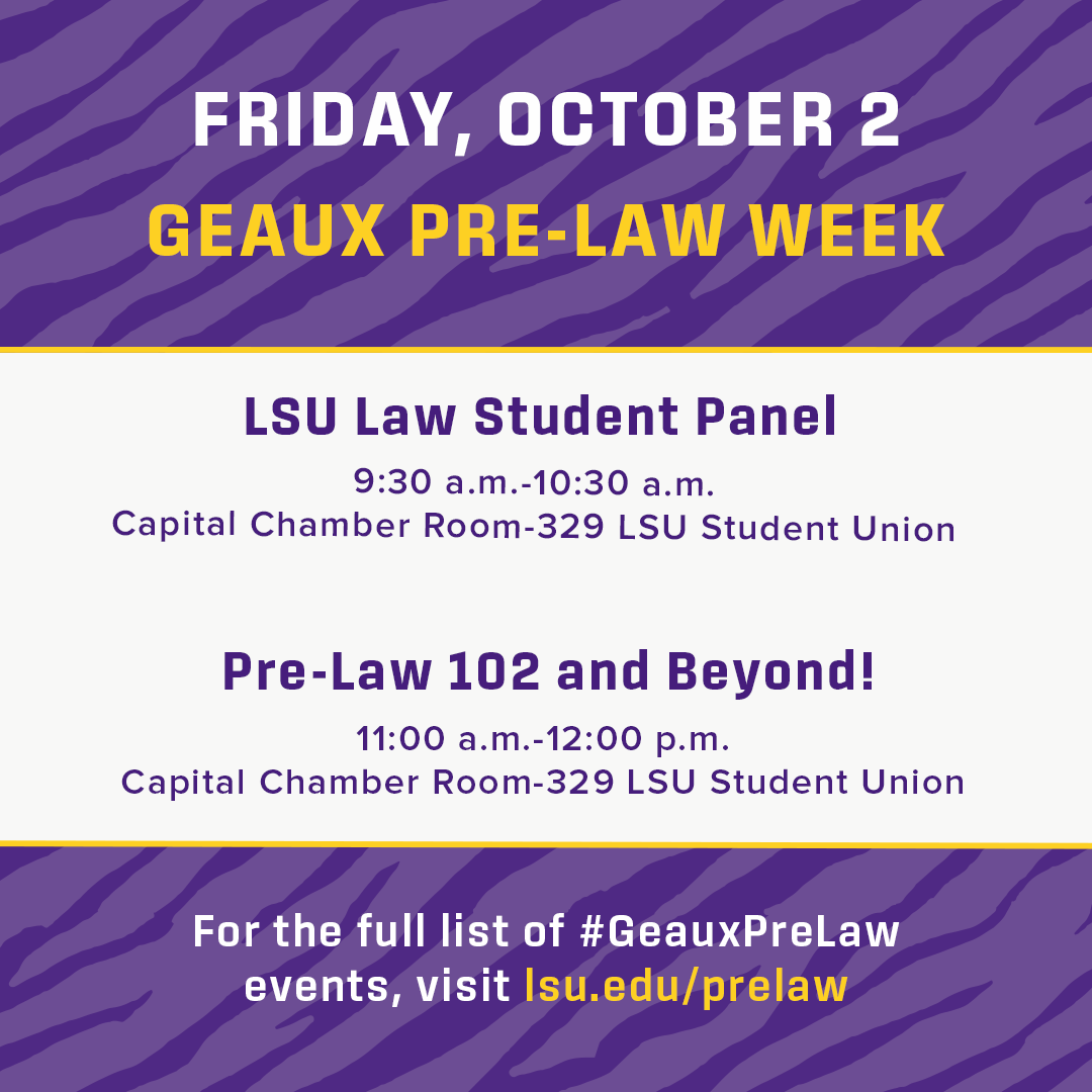 LSUHSS's tweet photo. ⭐Join us TOMORROW for day 5 of #GeauxPreLaw Week ⭐

LSU Law Student Panel | 9:30 a.m.-10:30 a.m.
Pre-Law 102 and Beyond! | 11:00 a.m.-12:00 p.m.

📍 All sessions are in the Capital Chamber Room-329 in the LSU Student Union.

No registration is required. https://t.co/lIyK189qTR