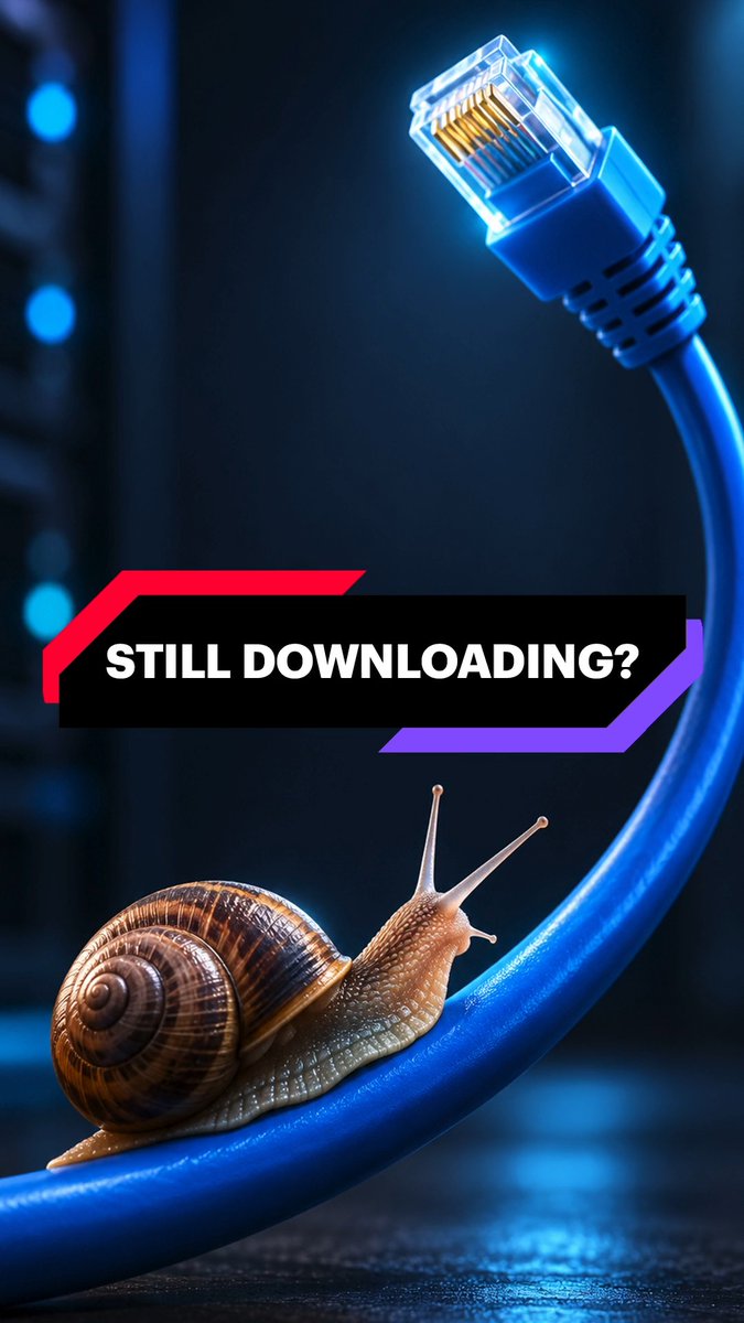A humorous graphic showing a snail crawling on a blue Ethernet cable with the text 'STILL DOWNLOADING?' in bold black and white letters.