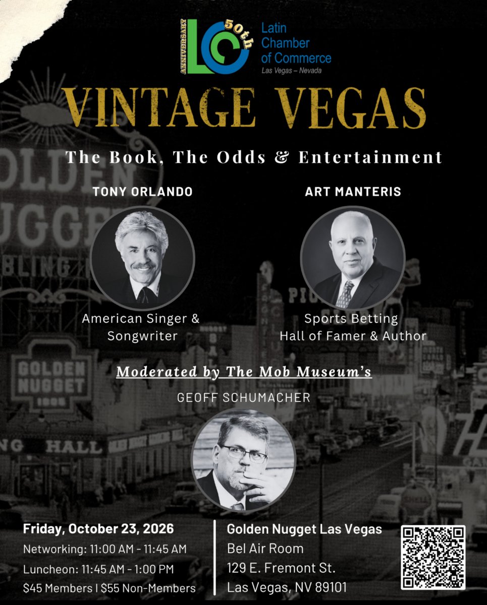 lvlcc's tweet photo. Step back into Vintage Vegas! Join Tony Orlando, Art Manteris & moderator Geoff Schumacher for stories about the city’s iconic past.
📅 Oct. 23 | 11 AM
📍 Golden Nugget
Register: https://t.co/6ysSK4cqmW
#LVLCC #VintageVegas https://t.co/F0r3UK8qbQ
