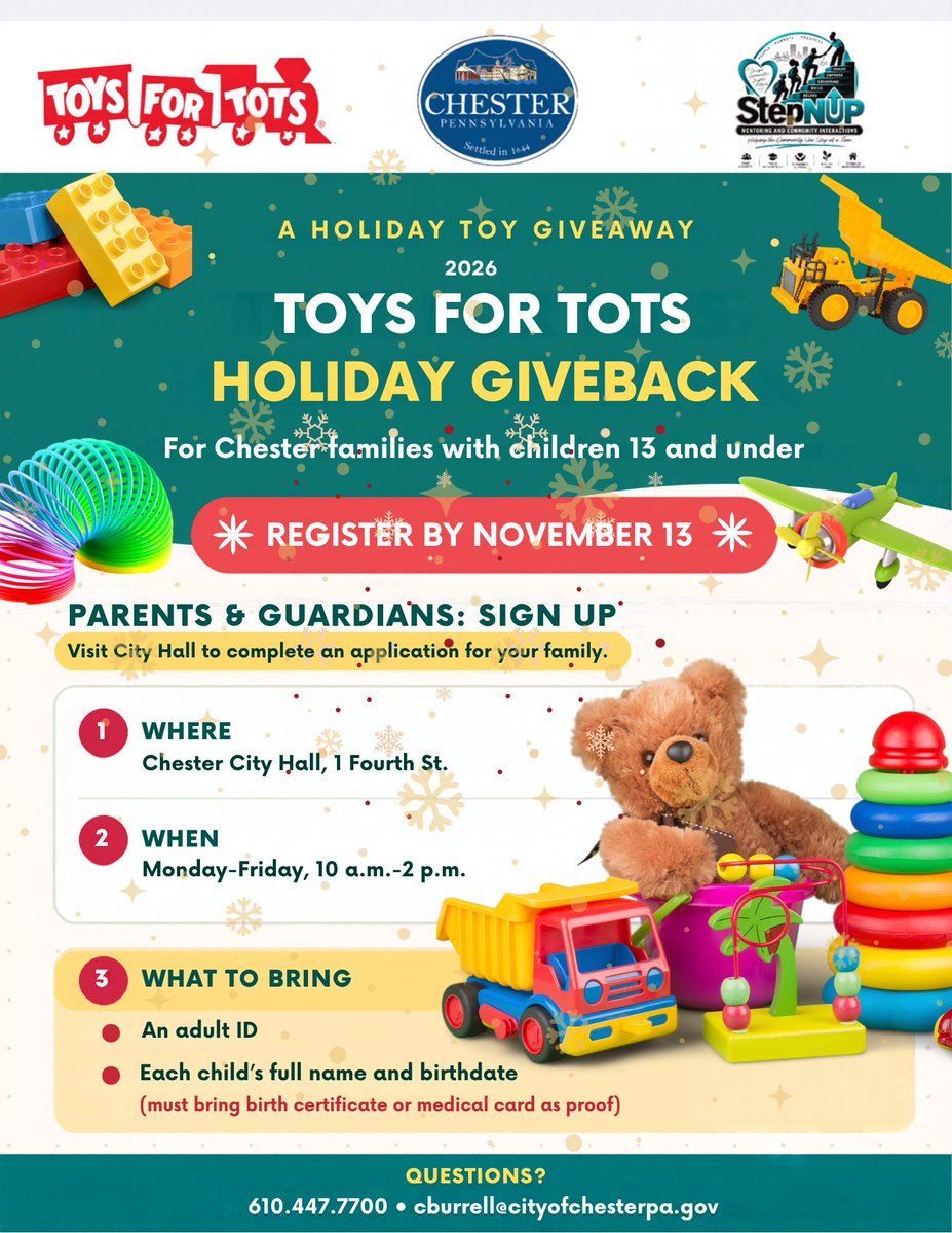 CityOfChesterPA's tweet photo. 🎁 Toys for Tots Holiday Giveback!
Parents of kids 13 & under can register for toys at City Hall, M–F, 10am -2pm through Nov 13. Bring ID + proof of each child’s name & birthdate (birth cert or medical card). Let’s make the holidays joyous for our children!
#ToysForTots #Chester https://t.co/WfTIYMRV5m