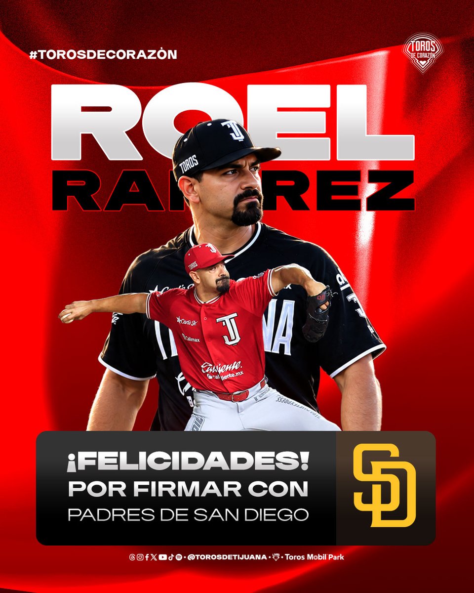 TorosDeTijuana's tweet photo. ¡ÉXITO EN SAN DIEGO, ROEL!

Tu capacidad de resiliencia demostró que estás hecho para grandes cosas. Hoy emprendes un nuevo camino con los Padres de San Diego para seguir demostrando de qué estás hecho.

Te deseamos todo el éxito en esta nueva etapa ¨Martillo de Laredo¨.

Gracias por dejarlo todo en cada relevo y por ser parte de nuestra historia.

Tijuana es tu casa.