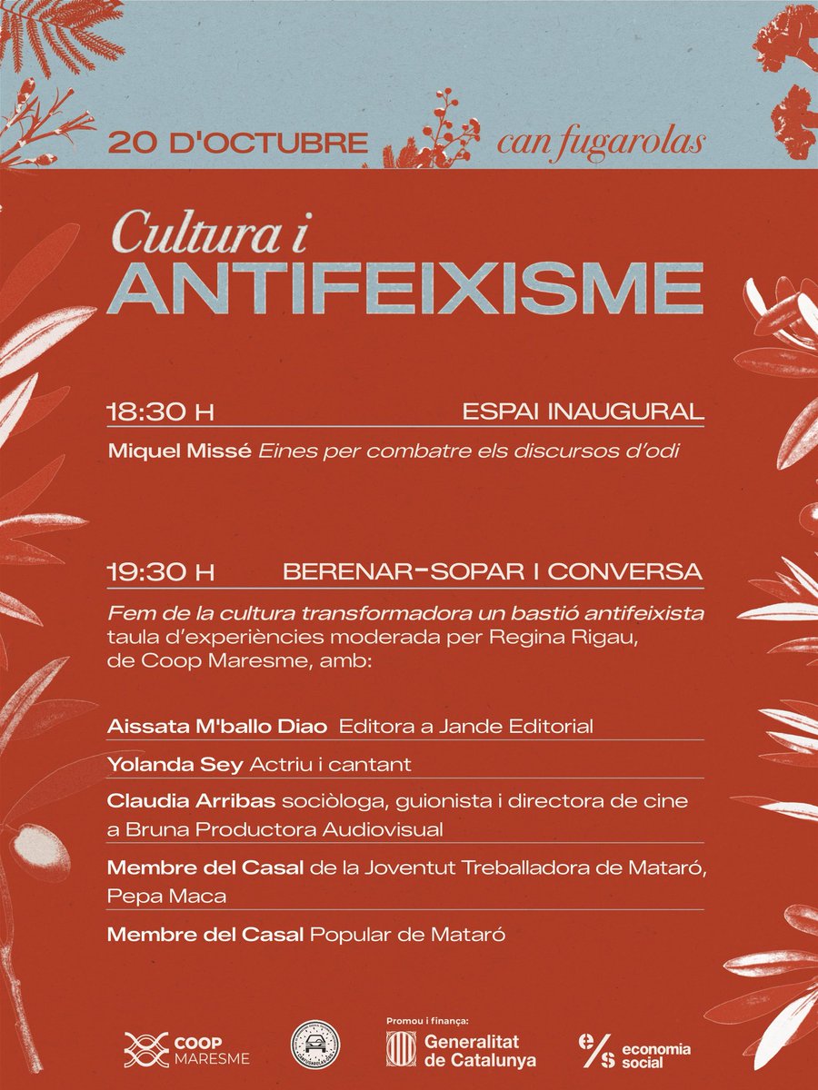 CoopMaresme's tweet photo. Com podem fer de la cultura un espai de resistència, comunitat i transformació?💥

El 20 d’octubre ens trobem a Can Fugarolas per compartir eines, experiències i conversa al voltant de la cultura com a bastió antifeixista

Amb un programa de luxe✊✨ https://t.co/VSImZjXR39