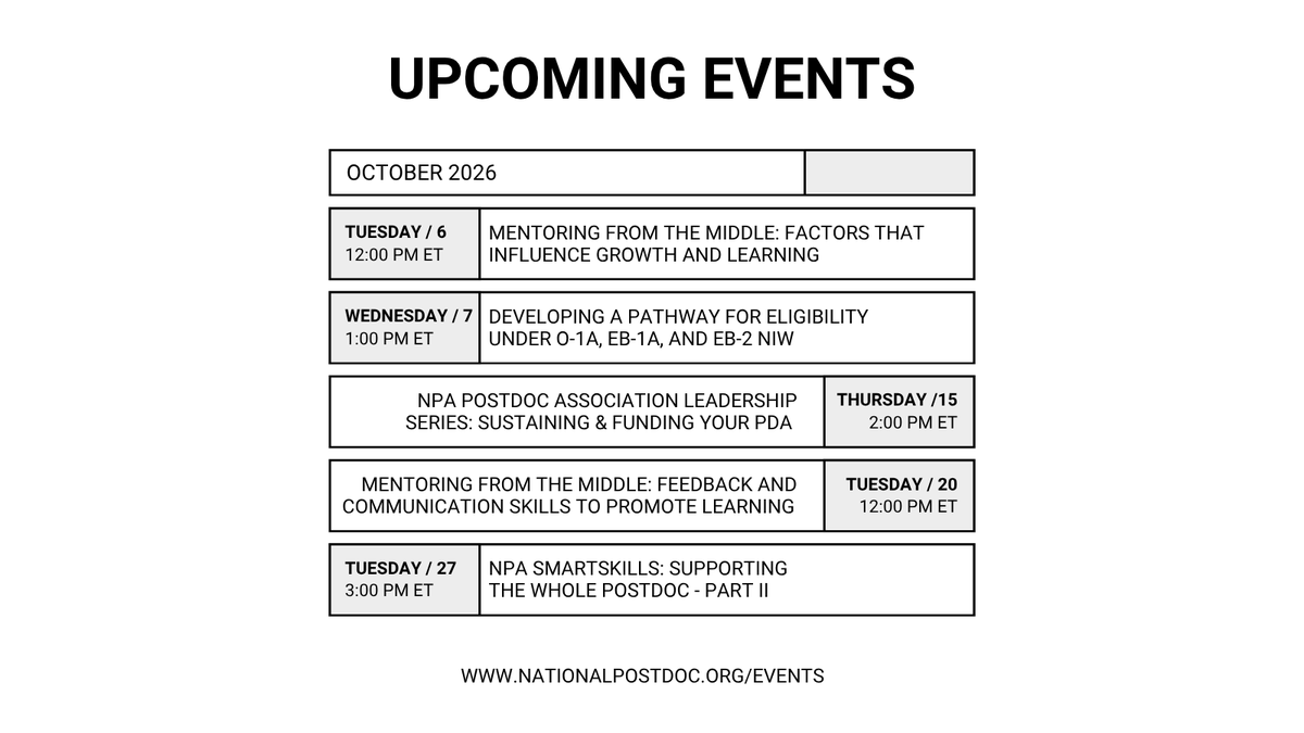 nationalpostdoc's tweet photo. Don't miss the NPA's upcoming events and your chance to connect with peers, enhance your skills, and boost your career! 

Register now at the 🔗 https://t.co/SvXZuGoARu // #postdocs #postdoctoralscholars #postdocoffices #postdocassociations https://t.co/89ippppdpa