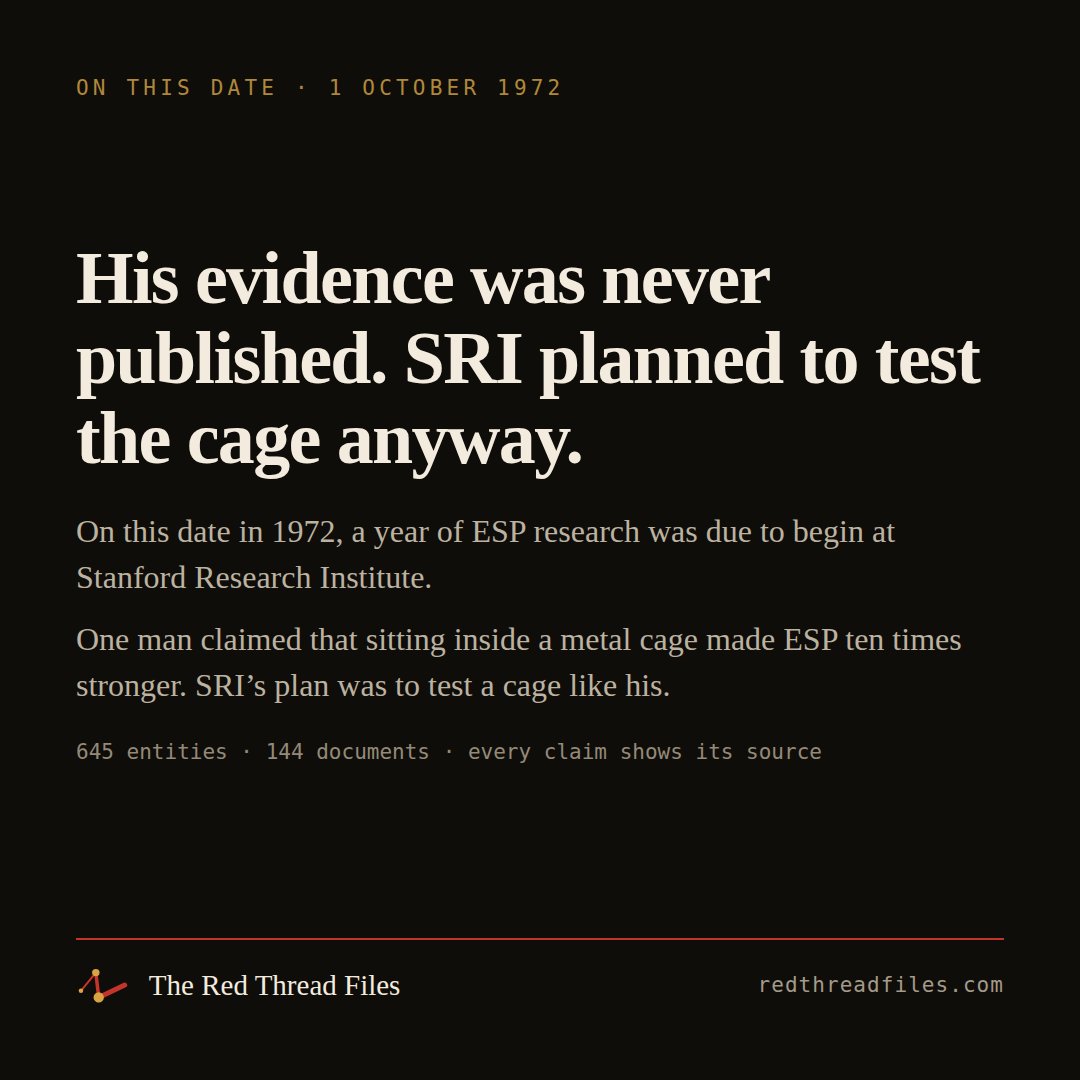 RedThreadFiles's tweet photo. On this date in 1972, SRI was due to begin a year of ESP research.
One man claimed sitting inside a metal cage made ESP ten times stronger. He never published his evidence.
SRI planned to test one anyway.
Who was he?
#RemoteViewing #Declassified
https://t.co/cYmSXl73MF https://t.co/vuekaf17Dl