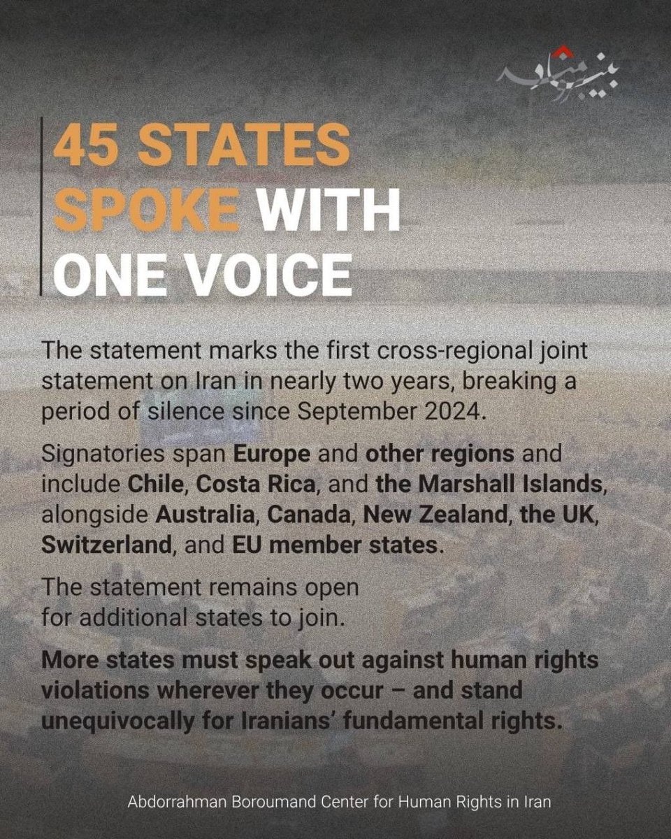 IranRights_org's tweet photo. 🔴For the first time in nearly two years, states from across the world have come together at the UN Human Rights Council to condemn the Islamic Republic of Iran’s escalating use of the death penalty.

🔸In a joint statement delivered by Liechtenstein, 45 states sounded the alarm over the sharp rise in executions and death sentences in Iran—particularly against protesters and those exercising their fundamental rights.

🔸The statement comes amid an alarming escalation in the use of capital punishment following the January 2026 protests. At least 31 protesters have been executed, while dozens more have reportedly been sentenced to death or remain at imminent risk of execution.
The statement marks the first cross-regional joint statement on Iran since September 2024, renewing collective international scrutiny of Iran’s use of the death penalty.

🔸As executions continue at an alarming rate, sustained international attention matters.
“No one should face the fear of execution for exercising their rights”