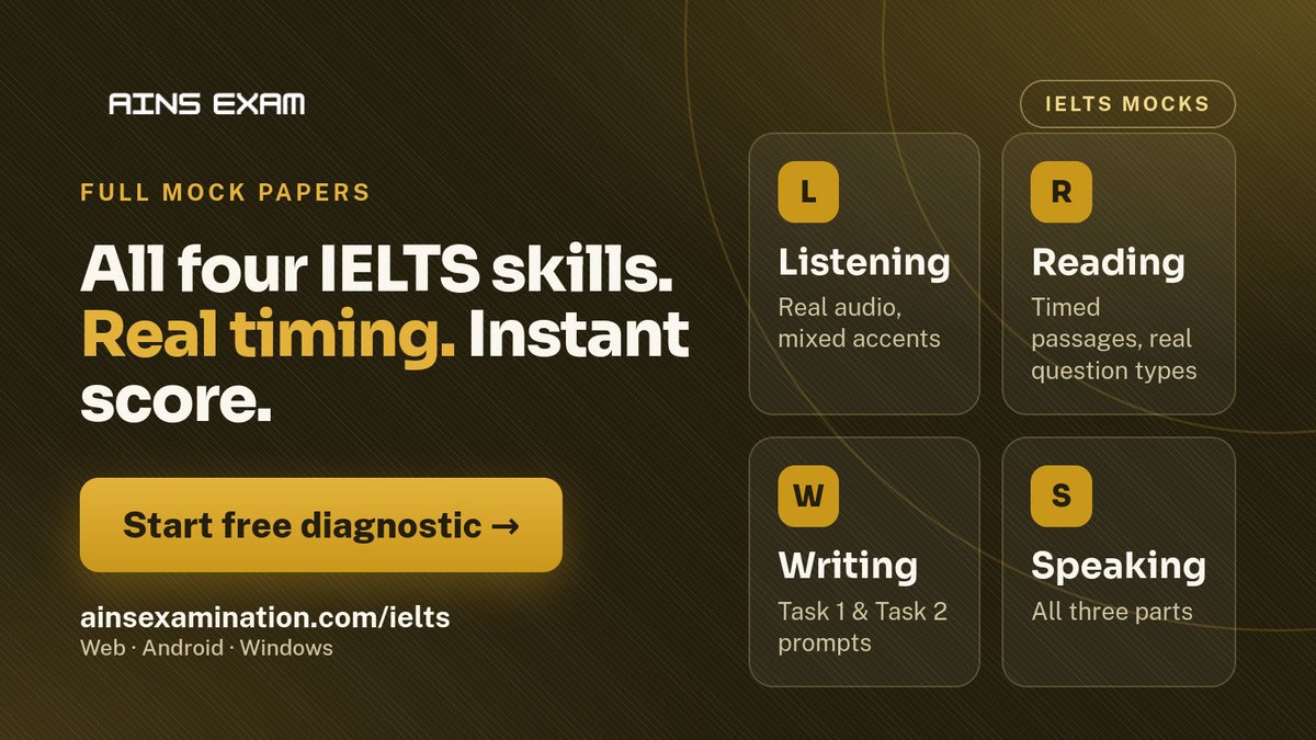 Rikudouensof's tweet photo. Rehearse IELTS before you pay ₦299,000 for the real one.

Timed Listening, Reading, Writing &amp; Speaking mocks. Instant score. No ads.

Your first diagnostic is free — start now.