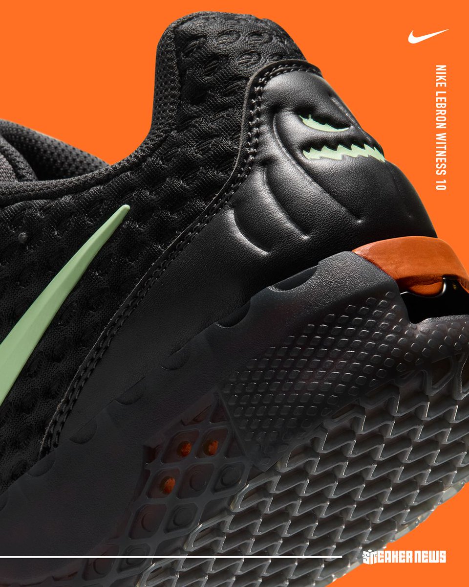 SneakerNews's tweet photo. The Nike LeBron Witness 10 is the latest to join a stacked Halloween 2026 roster 🎃 

Bron's new takedown model reflects his love for the holiday with a jack-o'-lantern heel 

Our full breakdown: https://t.co/0dO0b0rWEo https://t.co/f0D3JdANSa