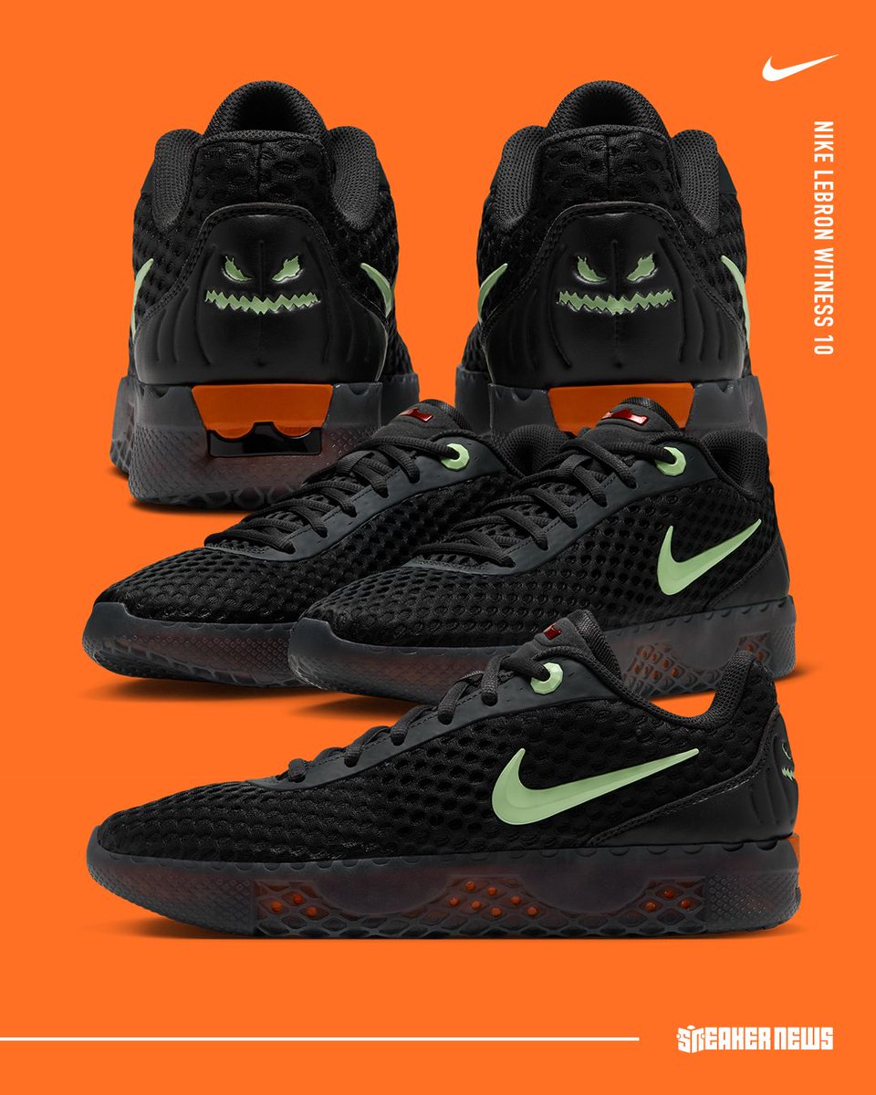 SneakerNews's tweet photo. The Nike LeBron Witness 10 is the latest to join a stacked Halloween 2026 roster 🎃 

Bron's new takedown model reflects his love for the holiday with a jack-o'-lantern heel 

Our full breakdown: https://t.co/0dO0b0rWEo https://t.co/f0D3JdANSa