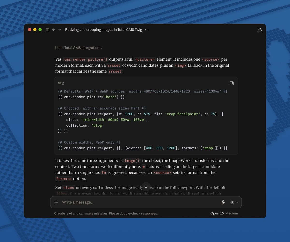 joeworkman's tweet photo. An AI agent reading the latest docs will happily use features your customer’s older install doesn’t have.

That’s why @getTotalCMS serves its docs from the install itself, over MCP. No drift between what the docs say and what the site can actually do.

Writeup below 👇 https://t.co/Ft7iktFdrI