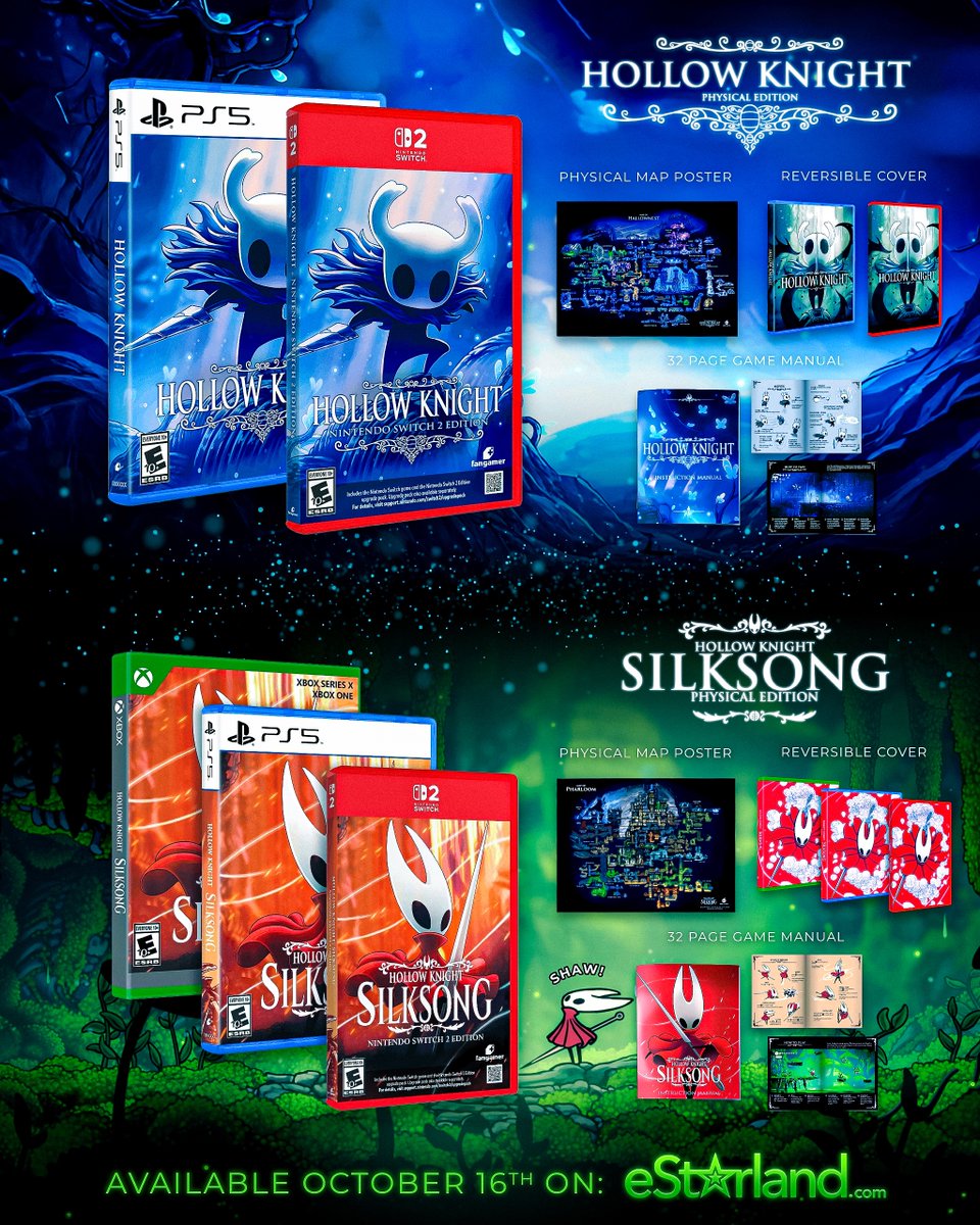eStarland's tweet photo. Hollow Knight &amp; Silksong Physical Editions Are 2 Weeks Away! 🪡 https://t.co/1IxSRTlp5q