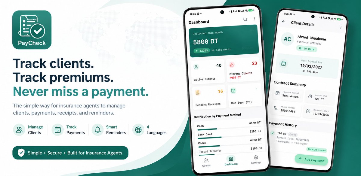 LouayBarraq's tweet photo. First Post 🚀

I'm building some of my app ideas.

First one I’m documenting publicly:
PayCheck: a Flutter Android app for insurance agents to keep payment tracking organized.
It’s live now.

Looking forward to connecting with builders, founders and developers. https://t.co/37oNXm9vNR