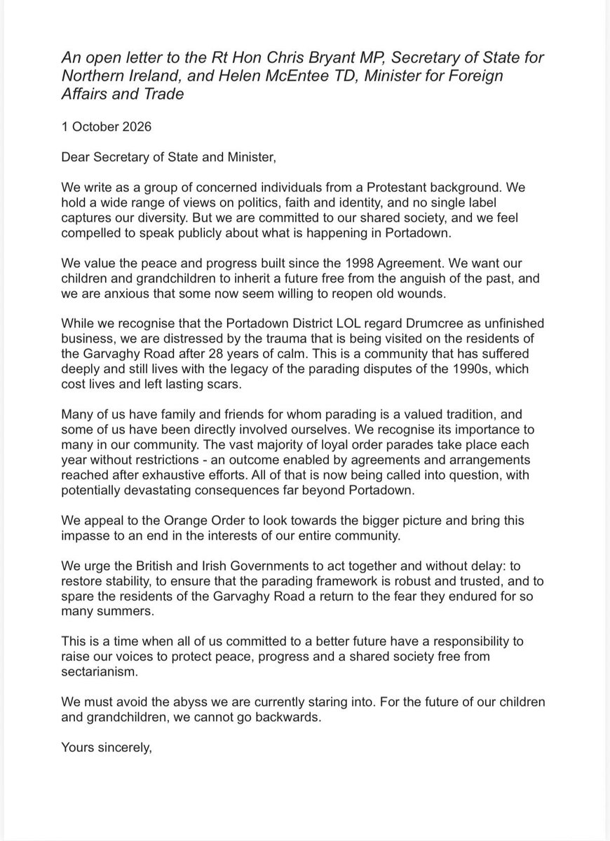 DiscipleElland's tweet photo. BREAKING - VERY SIGNIFICANT STATEMENT ISSUED TONIGHT.

 🚨 Open letter from people of Protestant backgrounds concerning the Garvaghy Road. 

🚨 They are effectively calling on the Orange Order to see the bigger picture and to bring to an end the Drumcree Parade.

🚨 The letter has been sent to Secretary of State, Chris Bryant & Helen McEntee (Minister For Foreign Affairs - Dublin).