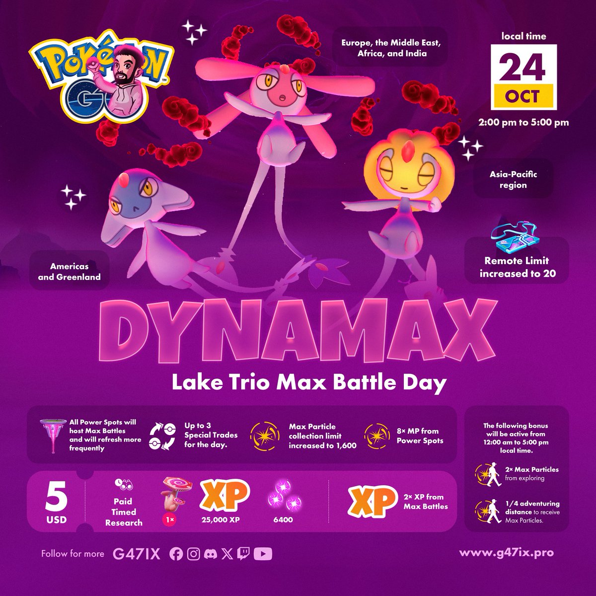 g47ix's tweet photo. Dynamax Lake Trio Max Battle Day is coming!

📅 October 24
🕑 2:00-5:00 PM local time

🌏 Uxie: Asia-Pacific
🌍 Mesprit: Europe, Middle East &amp; India
🌎 Azelf: Americas &amp; Greenland

#PokemonGO https://t.co/XsIqswjUmc