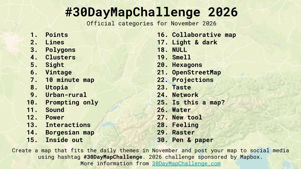 tjukanov's tweet photo. Next month is November, which means the #30DayMapChallenge 2026 themes are here!

More information on the official website: https://t.co/TsuKS5gPeY https://t.co/MYWXdExF8g