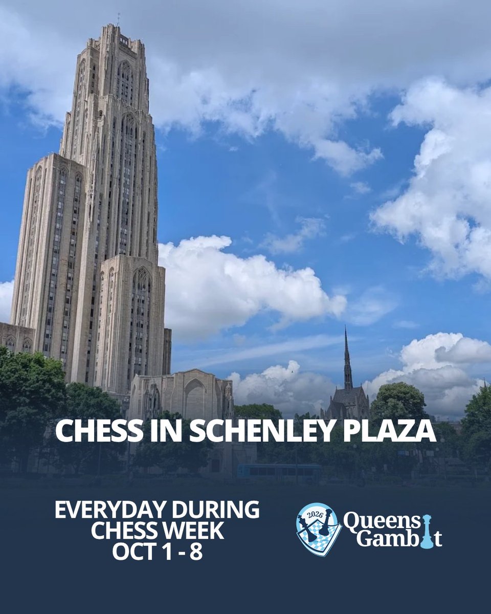 queensgambitpgh's tweet photo. 📍 Chess Week update!
Our outdoor chess activation has moved from Mellon Square to Schenley Park. ♟️
Join us Oct. 1–8 for free, open chess throughout Chess Week in Pittsburgh.
Same Chess Week energy. New board. New location. 💛
#ChessWeekPittsburgh #QueensGambit #SchenleyPark https://t.co/nXVDi7bipd