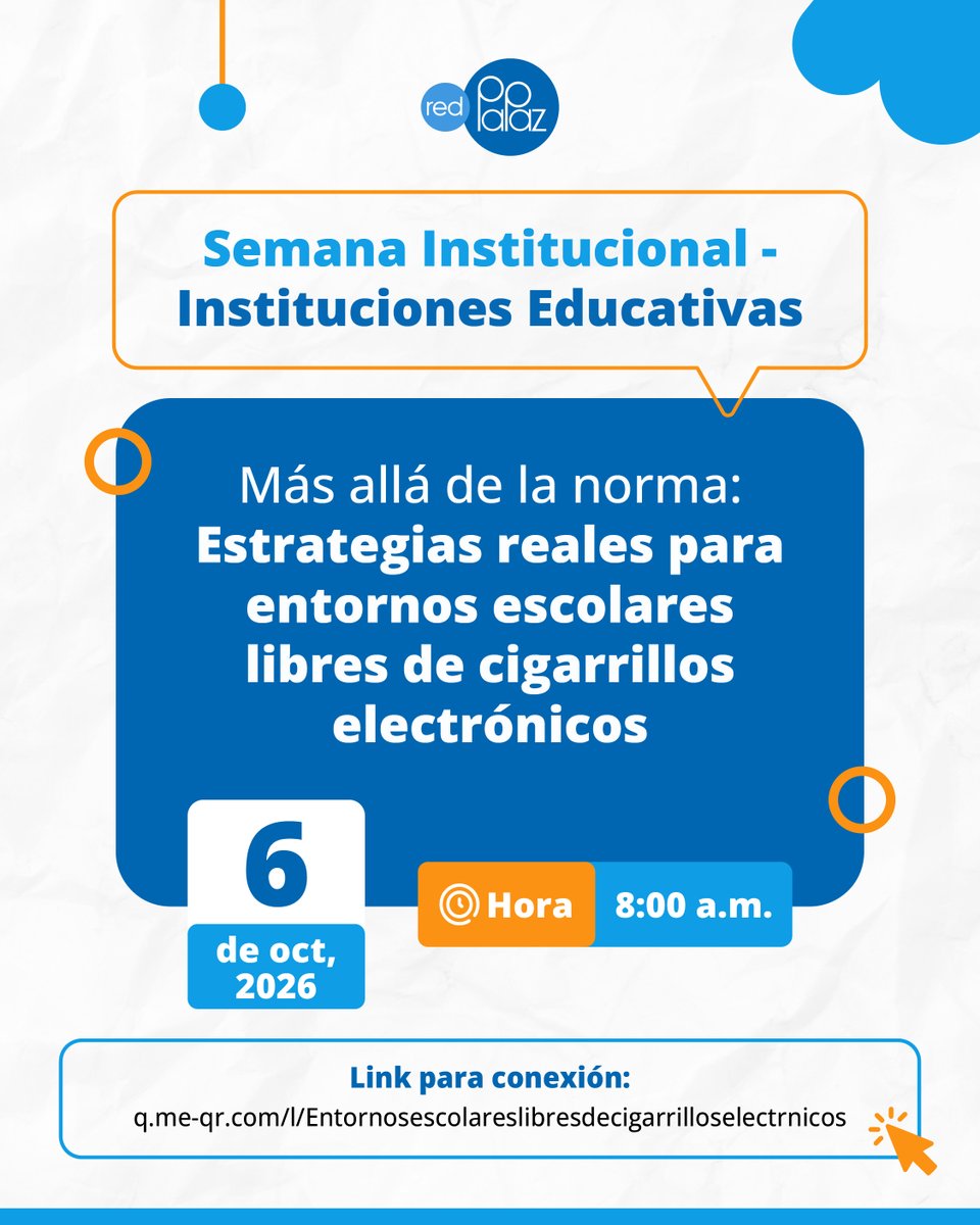 RedPaPaz's tweet photo. Contar con normas para la prevención del consumo de cigarrillos electrónicos por niñas, niños y adolescentes no es suficiente si no sabemos cómo aplicarlas en el día a día. 🚫💨

Acompáñanos en esta conferencia de la #SemanaInstitucional, donde compartiremos herramientas prácticas para convertir la ley en entornos escolares protectores del bienestar de los estudiantes.

🗓️ Martes 6 de octubre | ⏰ 8:00 a. m.
🔗 Conéctate aquí: https://t.co/YMGzY5fEiw

📲 Comparte esta invitación con los docentes o en el grupo del colegio e invítalos a seguir a @RedPaPaz para fortalecer la comunidad educativa.

#RedPaPaz #EntornosEscolares #SemanaInstitucional #CrianzaConEvidencia #EducaciónColombia #cigarrilloselectrónicos