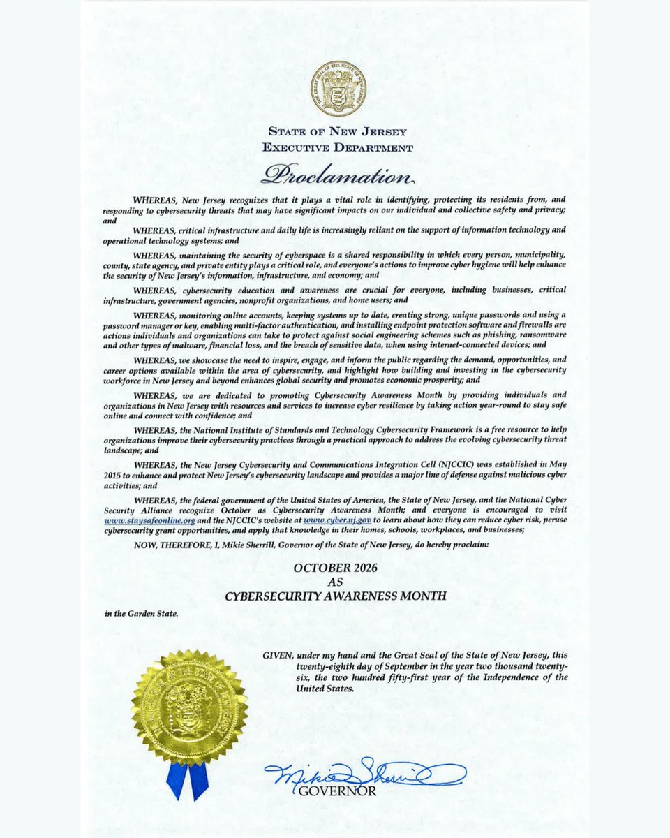 NJOHSP's tweet photo. Following @GovSherrillNJ's proclamation recognizing October as #CybersecurityAwarenessMonth, NJOHSP and @NJCybersecurity are encouraging residents, businesses, and organizations to take steps to strengthen their cybersecurity.

Read more: https://t.co/msfz8Eqxls https://t.co/Ivd2effZe3