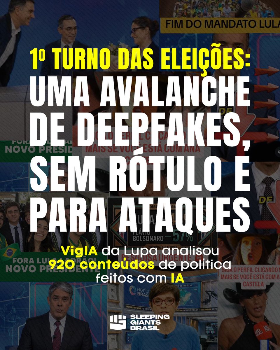slpng_giants_pt's tweet photo. No primeiro turno da eleição de 2026, o brasileiro viu uma média de 20 casos
de IA política por dia, quase um por hora.

Entre os 920 conteúdos que o VigIA, projeto de monitoramento da Agência Lupa,  confirmou como gerados ou modificados pela IA, 554 (cerca de 60%) eram deepfakes. Entre os 920 casos que utilizaram IA, 549 (o equivalente a 60%) não indicavam o uso da tecnologia e 371 (cerca de 40%), sim, apresentavam rótulos de transparência.

Os casos retratados no relatório foram publicados em redes sociais e aplicativos de mensageria entre os dias 16 de agosto e 28 de setembro de 2026.

O VigIA combina monitoramento humano, análise técnica e classificação sistemática para identificar e compreender o uso da inteligência artificial nas eleições brasileiras de 2026.
