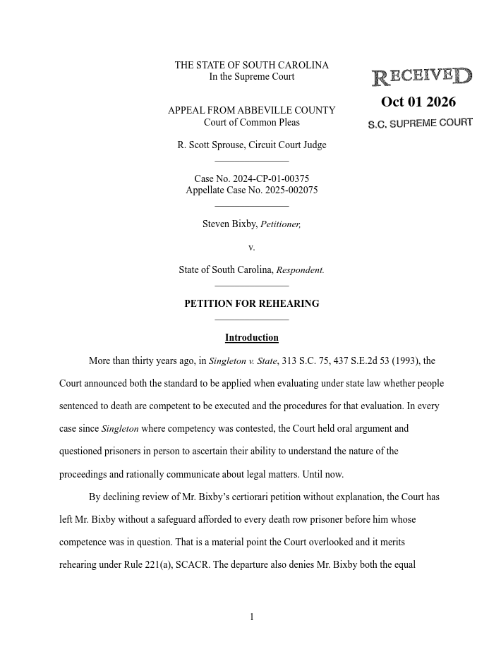 SCDocketUpdates's tweet photo. Death row update: Steven Bixby has filed his petition for rehearing with the South Carolina Supreme Court
First four pages are attached.
Filing: https://t.co/3K1kOZO0wB https://t.co/Pco6N6A3VG