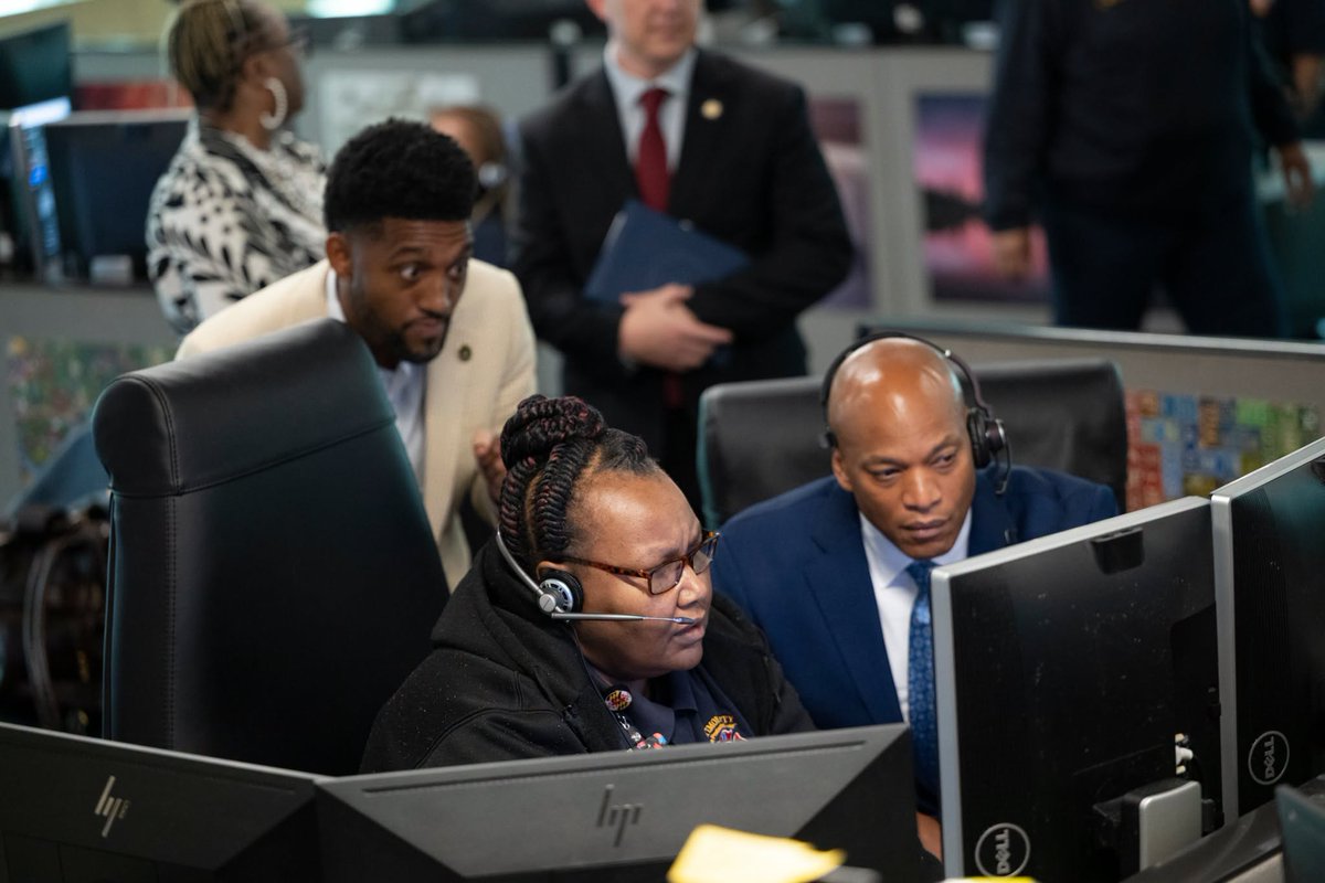 BaltimoreFire's tweet photo. Today, Mayor Brandon M. Scott and Governor Wes Moore joined Fire Chief James W. Wallace to recognize Baltimore’s emergency communications professionals and highlight state investment in 9-1-1, 3-1-1, BCFD, BPD and BCIT operations. https://t.co/9nASL8oDFo