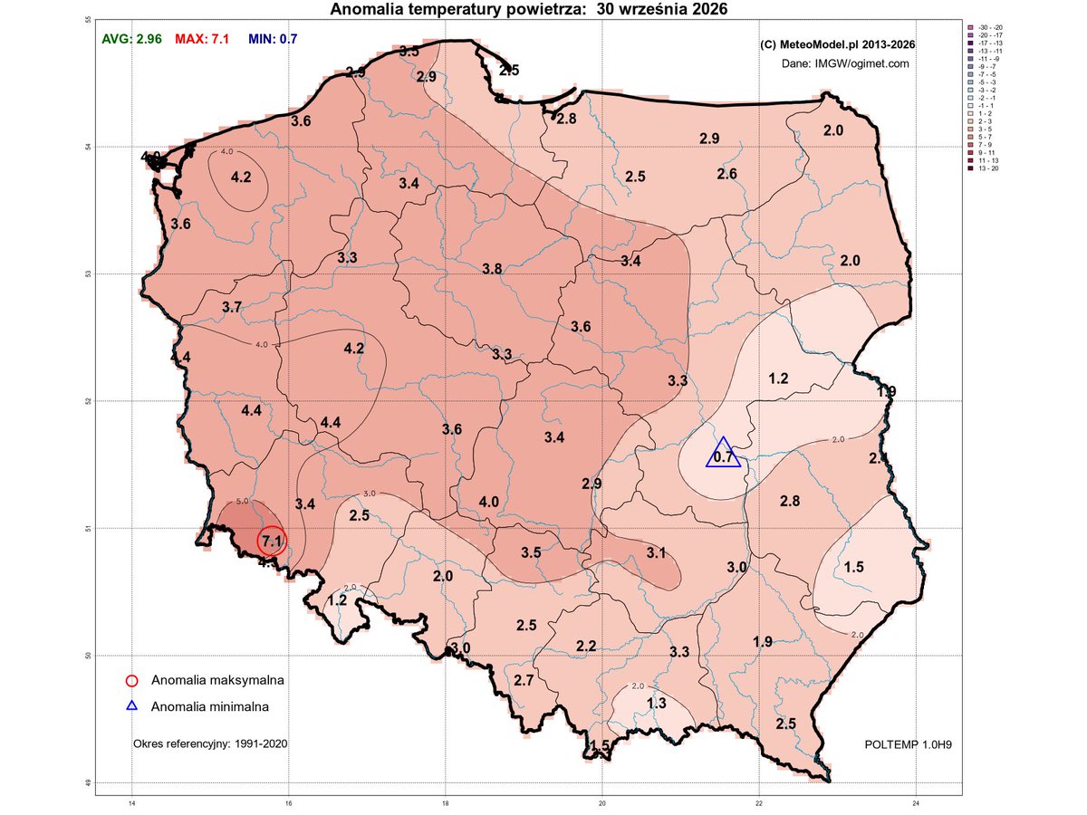MeteoprognozaPL's tweet photo. Wczorajsze odchylenie temperatury od średniej wieloletniej. https://t.co/TFtdM1Evvx