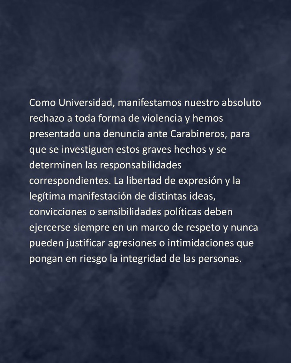 ucatolica's tweet photo. Como comunidad universitaria, reafirmamos que el diálogo, el respeto y el cuidado de las personas deben estar siempre al centro de nuestra convivencia.

Las diferencias de ideas y convicciones son parte de una sociedad democrática, pero ninguna de ellas puede dar espacio a la violencia, la agresión o la intimidación.

Ante los hechos ocurridos hoy en el exterior de Casa Central, compartimos el comunicado de la Universidad con la información oficial.