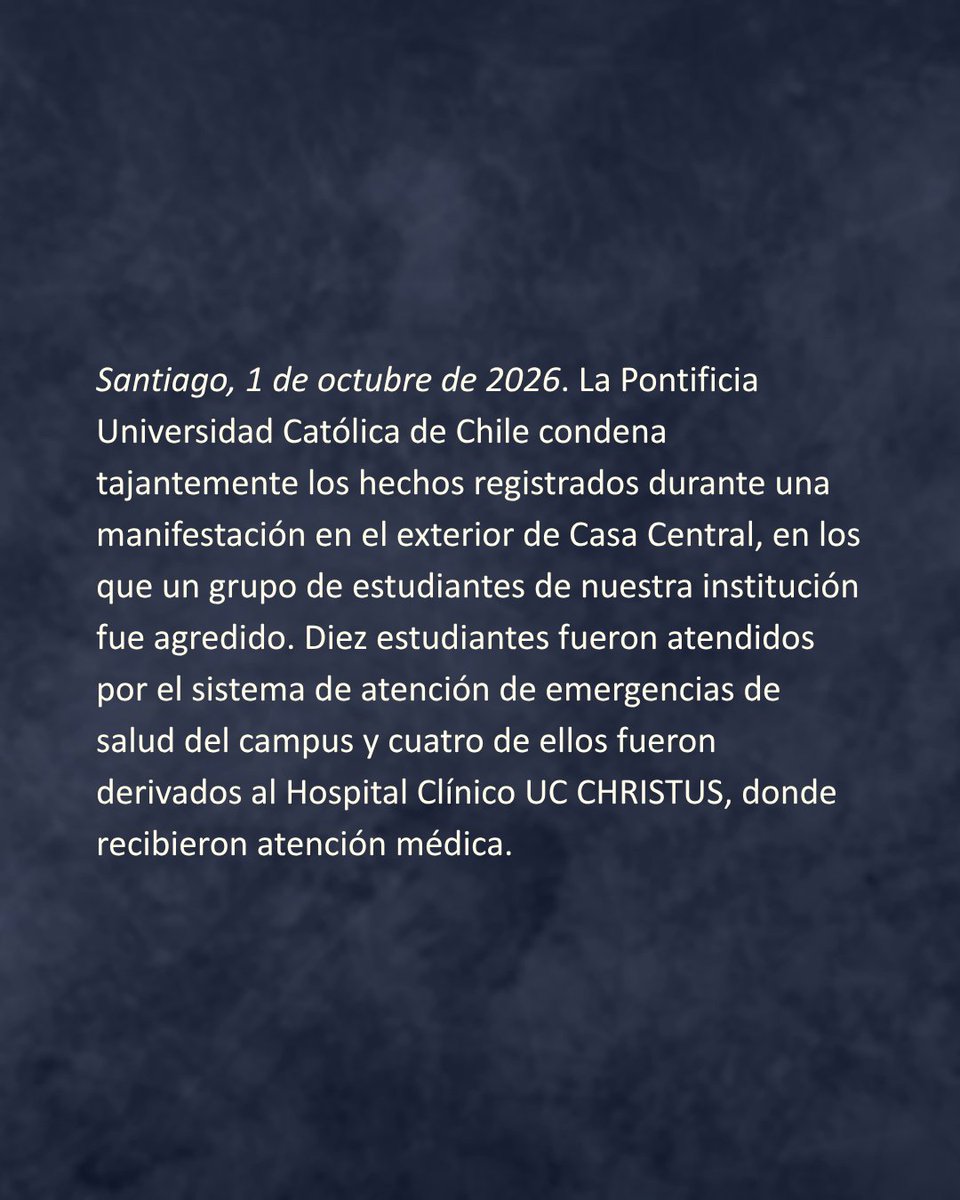 ucatolica's tweet photo. Como comunidad universitaria, reafirmamos que el diálogo, el respeto y el cuidado de las personas deben estar siempre al centro de nuestra convivencia.

Las diferencias de ideas y convicciones son parte de una sociedad democrática, pero ninguna de ellas puede dar espacio a la violencia, la agresión o la intimidación.

Ante los hechos ocurridos hoy en el exterior de Casa Central, compartimos el comunicado de la Universidad con la información oficial.