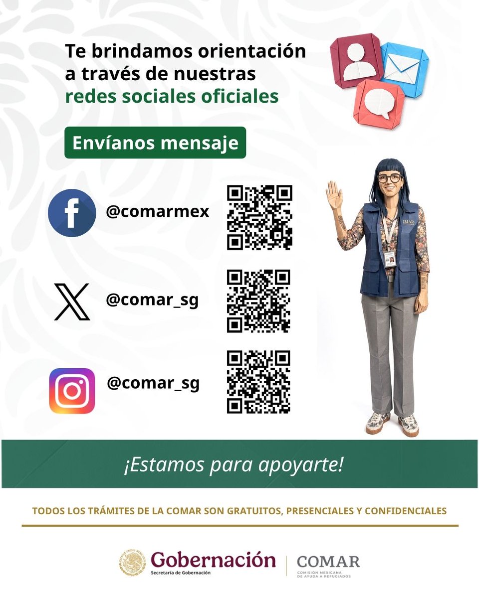 comar_sg's tweet photo. ¿Ya conoces los medios oficiales de la #COMAR?
📢 Para consultar información sobre trámites, procedimientos, oficinas y actividades de la Comisión Mexicana de Ayuda a Refugiados, utiliza únicamente nuestros canales oficiales. 
⚠️ Evita cuentas falsas https://t.co/8MK5NIZJgt