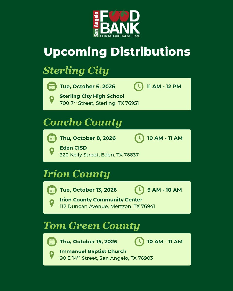 SanAngeloFB's tweet photo. Mobile food distributions are happening throughout October! Check the graphic for upcoming dates &amp; locations, then visit https://t.co/5P66nzWVAv for the full distribution schedule for the year.

🔁 Share this post! Help us reach more neighbors. https://t.co/gjCaS7f1rR