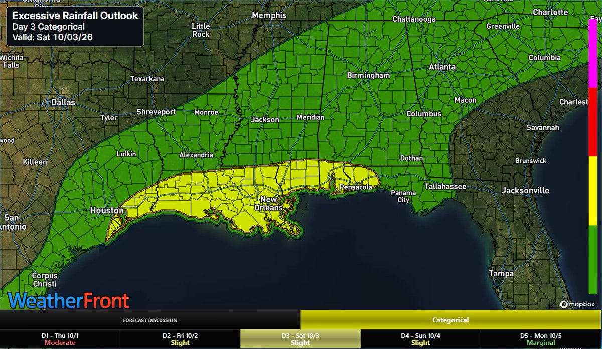 MetricsWXSvr's tweet photo. A slow-moving front drawing deep tropical moisture creates a Slight Risk for scattered flash flooding across LA, MS, and AL this weekend. Expect multi-day heavy rain and localized street flooding into Sunday.+Monday

#wxtwitter #lawx #alwx #mswx #severewx #gawx #flwx https://t.co/VJhTM24Isa