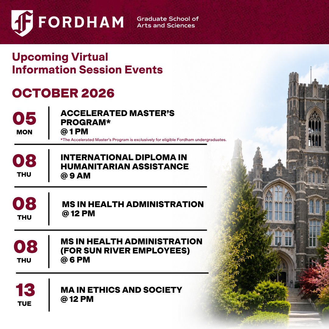 FordhamGSAS's tweet photo. Join #FordhamGSAS for an upcoming Virtual Information Session to learn about our range of 40+ graduate programs and why we may be the right fit for you.

Register here: https://t.co/jba0YDn844 https://t.co/nJL1u0dSL7