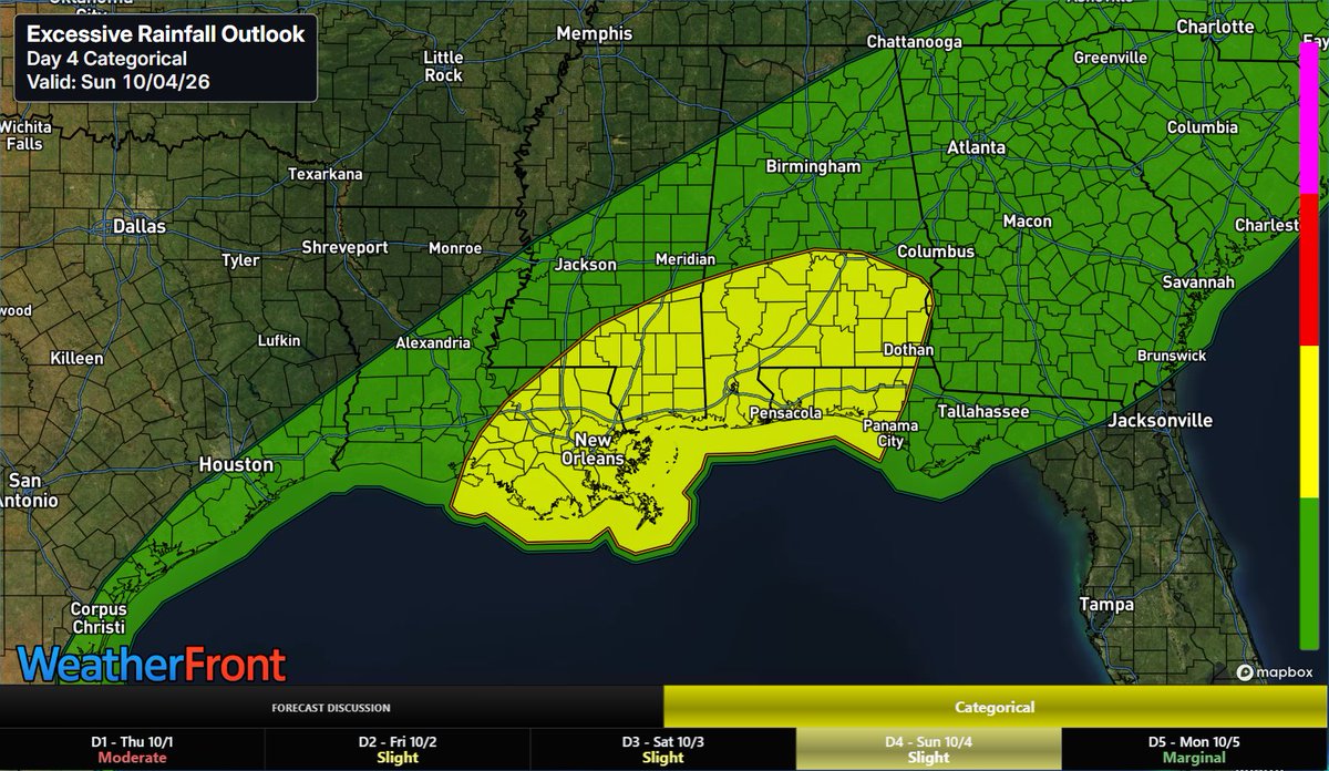 MetricsWXSvr's tweet photo. A slow-moving front drawing deep tropical moisture creates a Slight Risk for scattered flash flooding across LA, MS, and AL this weekend. Expect multi-day heavy rain and localized street flooding into Sunday.+Monday

#wxtwitter #lawx #alwx #mswx #severewx #gawx #flwx https://t.co/VJhTM24Isa