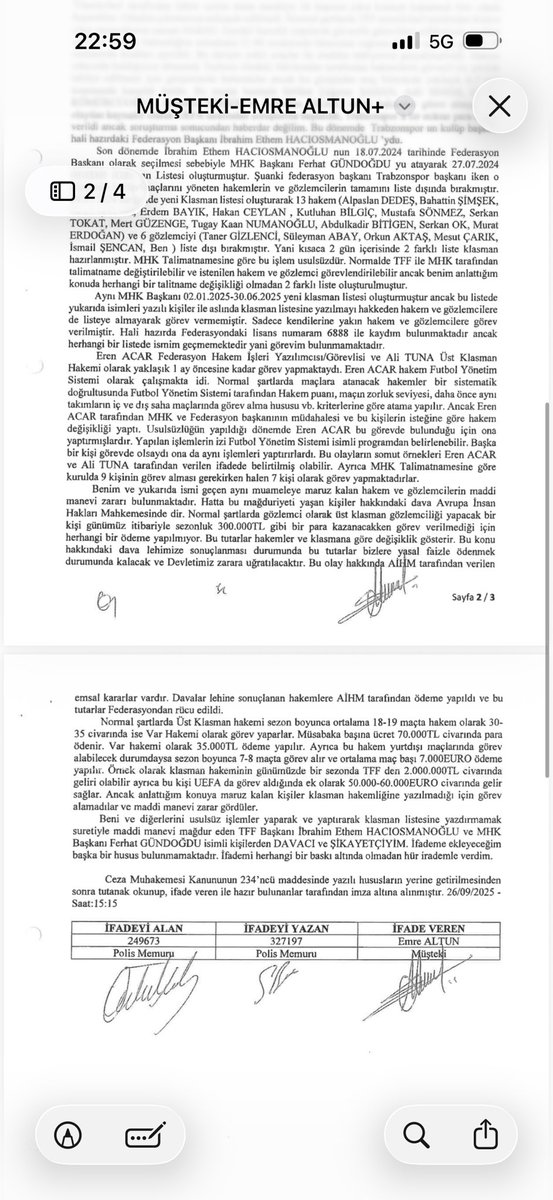 muratagirel's tweet photo. Hakemler soruşturmasında tanık sıfatı ile ifade veren Süleyman Abay,Taner Gizlenci ve  Emre Altun’ın ifadeleri …

Üç ifadenin merkezinde İbrahim Ethem Hacıosmanoğlu’nun TFF Başkanı seçilmesinden sonra Ferhat Gündoğdu’nun yeniden MHK Başkanı olması ve ardından hakem/gözlemci klasman listelerinde yapılan değişiklikler bulunuyor.

Üç ifade de klasman dışı bırakılmanın sportif performanstan değil, geçmişte Hacıosmanoğlu’nun Trabzonspor Başkanlığı döneminde yaşanan maçlar ve bu maçlarda görev alan hakem/gözlemcilerle bağlantılı olduğunu iddia ediyor.