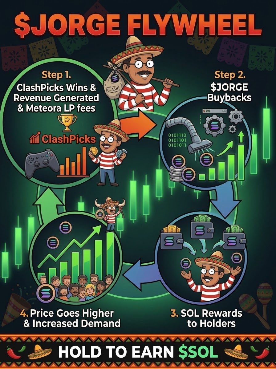 jorge_token's tweet photo. The $JORGE flywheel just got stronger! ⚙️🔥

Step 1 now includes @ClashPicks wins &amp; @MeteoraAG LP fees, feeding straight into continuous buybacks, passive $SOL rewards, and higher demand! 💰🌮

Hold $JORGE, chill, and let the yield roll in! 📈🔴⚪️ https://t.co/bMVzKh3gDn