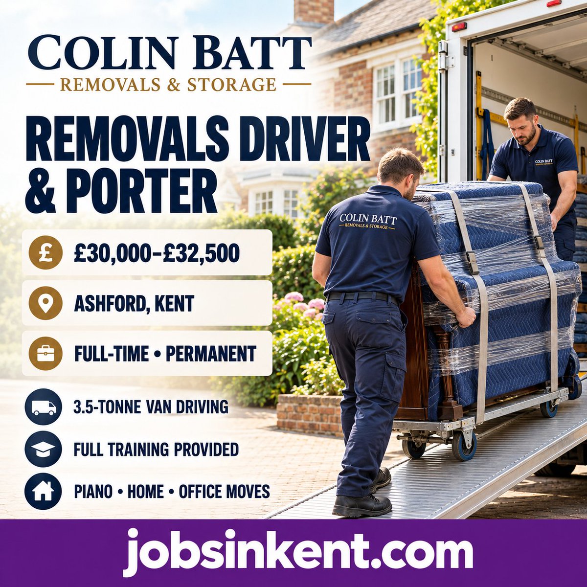 JobsInKentcom's tweet photo. Removals Driver &amp; Porter

📍 Ashford, Kent
💷 £30k–£32.5k DOE
🕒 Full-time, permanent
🎹 Specialist training provided

Full UK licence required. Removals experience is advantageous but not essential.

Apply: https://t.co/Ho1C6oyitC

#KentJobs #DrivingJobs https://t.co/kdWwtm15rV