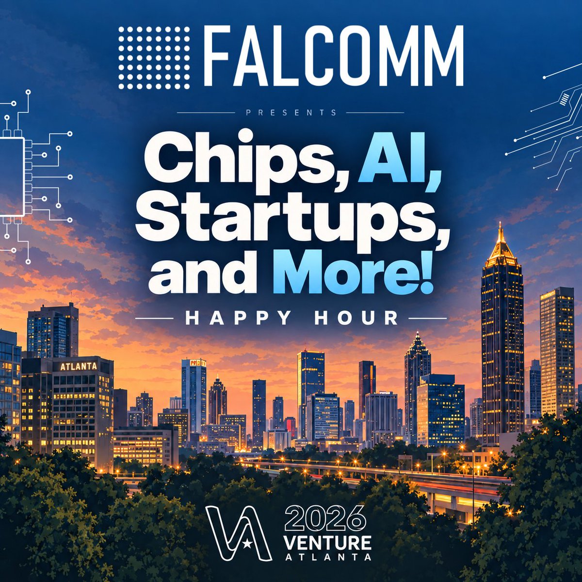 FalcommInc's tweet photo. Chips, AI, Startups and More 🚀📡🥂 

During @VentureAtlanta , Falcomm is opening its doors to the people building what comes next: chip designers, AI engineers, founders, investors and anyone curious about the hardware that powers modern communications.

This year, the new #DeepTechTrack brings space tech, defense tech, frontier tech, robotics, and quantum computing into the conference lineup, and there will be plenty to talk about once the sessions wrap. Expect good food, good drinks and the kind of conversations that start with "so what are you working on?" and end with a follow-up on the calendar.

📅 Wednesday, October 14
⏲️ 6:00 to 9:00 PM
📍 Location shared upon registration approval
🔗 Reserve your spot: https://t.co/GCdIbVCmTt

Space is limited. Know someone who should be in the room? Tag them below and have them register too.

#Semiconductors #DeepTech #AI #Startups #DefenseTech #AtlantaTech #VentureAtlanta