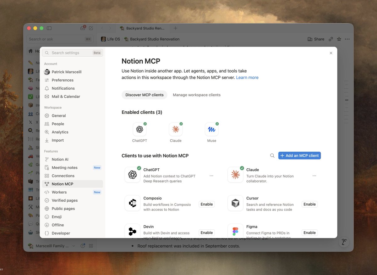 pmarsceill's tweet photo. We quietly upgraded the experience of managing what you have connected to Notion's MCP server. 

Now all of your Muses, Bots, Dots, Claudes, Pis, and whatever else you're into can hang out together. https://t.co/6KZOPW8aqK