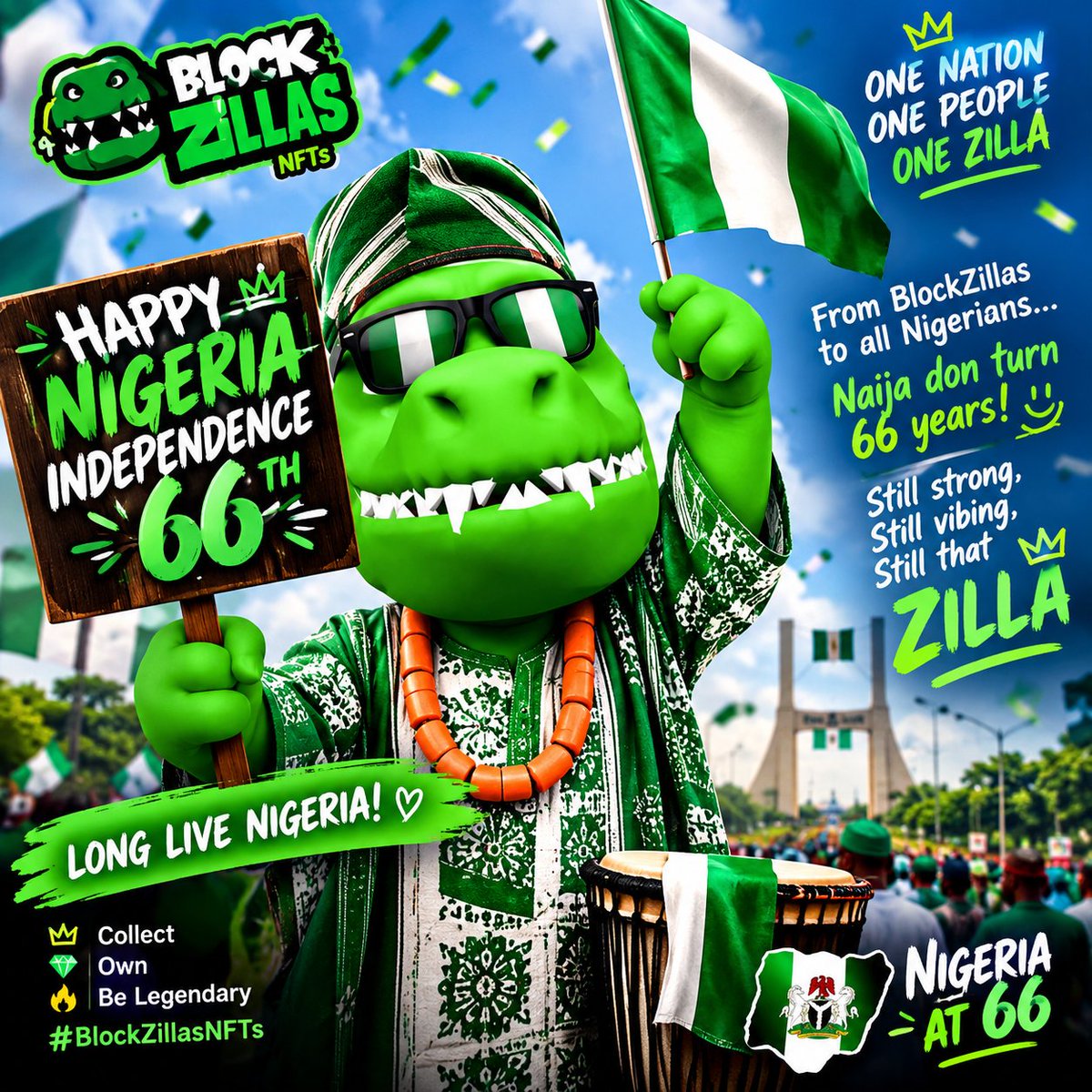 Yube_1's tweet photo. 🇳🇬 Nigeria @ 66! 😂
66 years of democracy and Nigerians are still saying:

Next election, things will change.
 😭😂

Meanwhile, the economy is doing hide & seek, electricity is playing now you see me, now you don’t, and fuel prices are doing crypto-style volatility.

 📈📉🤣

But somehow, every year we still shout: “Nigeria will be great!” 🇳🇬❤️

Happy 66th Independence
 Nigeria! 🎉🇳🇬

May the next chapter bring more progress, opportunities, and reasons to smile. 🙏🏾✨

@BlockZillasNFTs