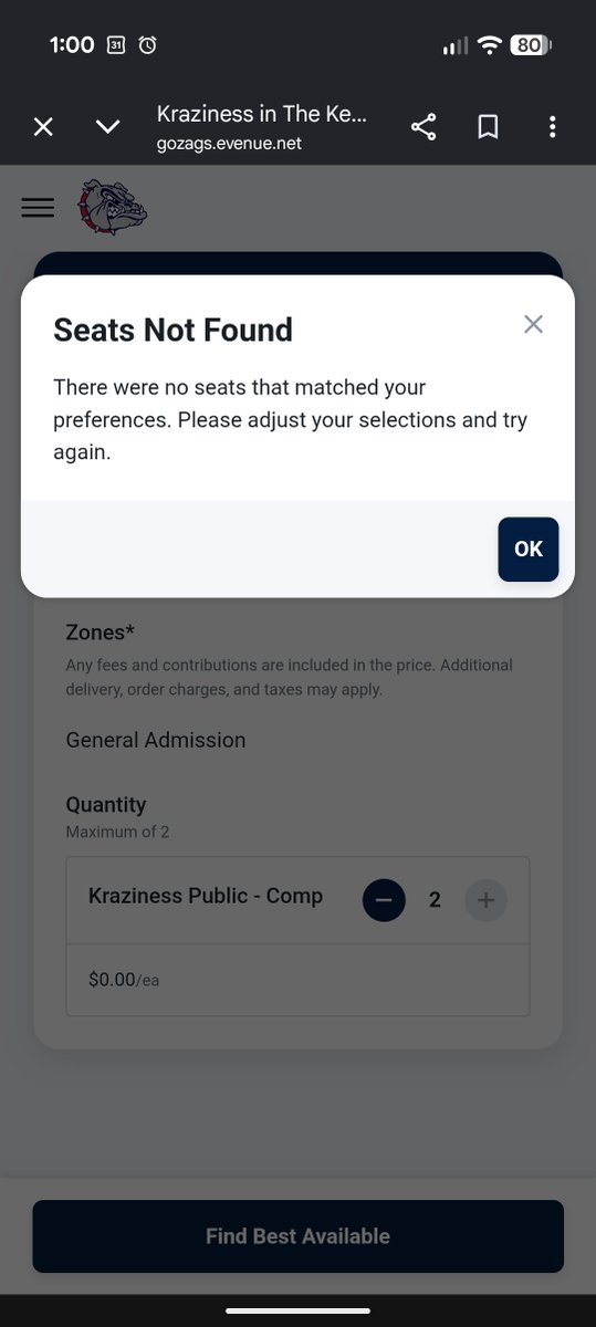 modernfarmerusa's tweet photo. Kraziness in the Kennel needs to return to people lining up outside and whoever gets in gets in @ZagMBB. This is frustrating. In as soon as it opened, tried for 6 minutes straight, then sold out. I'm guessing a promo code was provided to Kennel Club, students, season tix holders. https://t.co/hDgkg7Ll5W