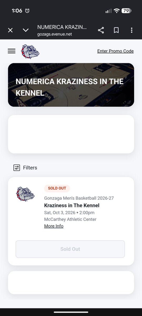 modernfarmerusa's tweet photo. Kraziness in the Kennel needs to return to people lining up outside and whoever gets in gets in @ZagMBB. This is frustrating. In as soon as it opened, tried for 6 minutes straight, then sold out. I'm guessing a promo code was provided to Kennel Club, students, season tix holders. https://t.co/hDgkg7Ll5W