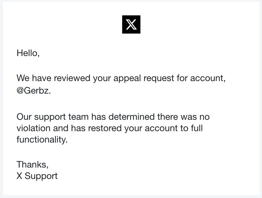 gerbz's tweet photo. I've been in 𝕏 jail for over two years.
Submitted an appeal every month since.
Something finally worked.
Back, as me this time.
What'd I miss? https://t.co/YvYSHeb4A1