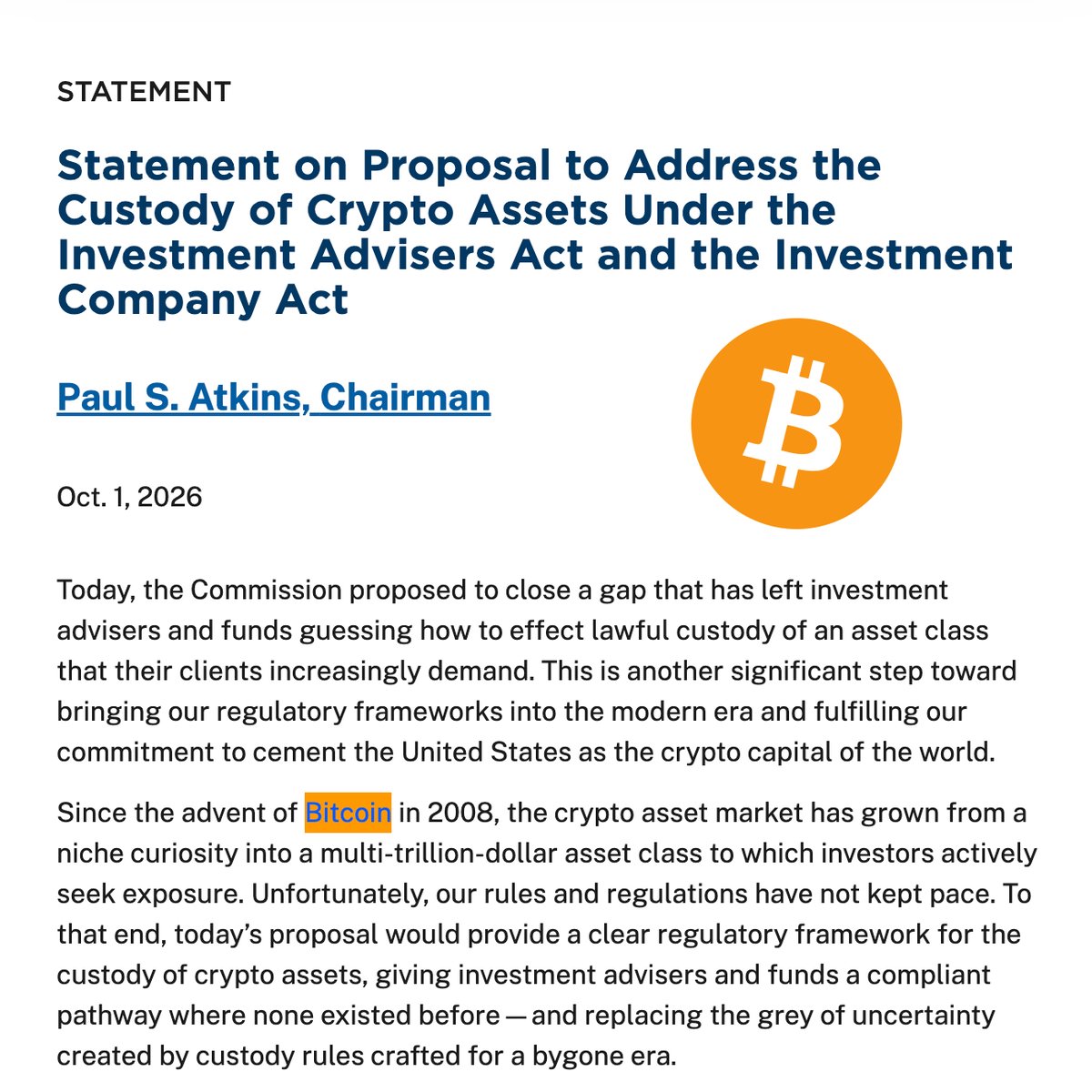 BitcoinMagazine's tweet photo. JUST IN: 🇺🇸 SEC Chairman Paul Atkins releases a statement to address the custody of crypto assets. 👀

"Since the advent of Bitcoin in 2008, the crypto asset market has grown from a niche curiosity into a multi-trillion-dollar asset class" 🚀 https://t.co/SbLR2HAeW1