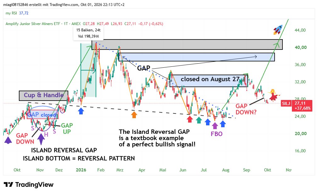 GoldStockGuy1's tweet photo. Bereitet SILJ ein potenzielles Island Reversal Gap 2.0 vor? Kommt morgen ein Gap Up, hätten wir einen Island Bottom analog zu Okt/Nov 2025.
Let´s go 🚀DYOR
#SILJ #Silver https://t.co/XVxSy9tUkC