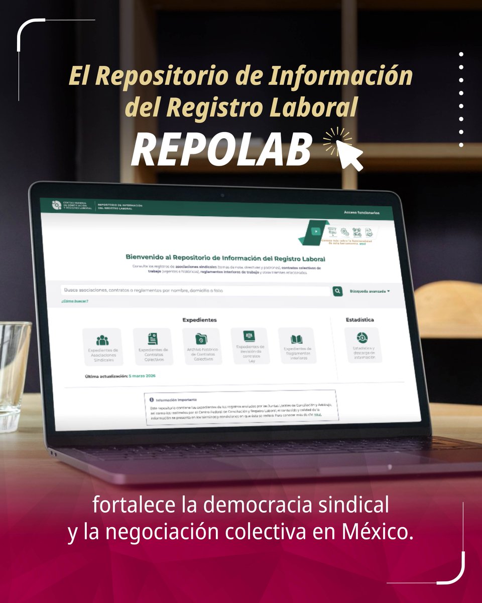 STPS_mx's tweet photo. El Repositorio de Información del Registro Laboral (#RepoLab) es una herramienta digital que:
✅ Fortalece la transparencia laboral.
✅ Reúne documentación de trámites sindicales.
✅ Permite la consulta pública de información.
🔗Conócela en: https://t.co/zkk6fyJ6pV https://t.co/g68eKeMMhA