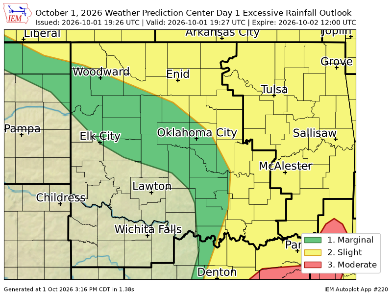OUWEATHERBOT's tweet photo. WPC issues Day 1 Slight Risk Excessive Rainfall Outlook at Oct 1, 19:26z for OUN https://t.co/XKqfAyOoXI https://t.co/O10y7RIvn1