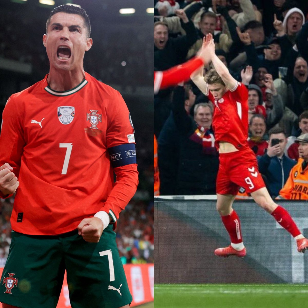 FullTimeX_'s tweet photo. 🚨🗣️ Rasmus Hojlund in 2022:

🗣️ Reporter: "Who is your greatest player of all time?"

🗣️ Hojlund: "Easy, Cristiano Ronaldo, he's the greatest player without a doubt"

Denmark face Portugal, Hojlund scored and hit the famous Suiii celebration by Cristiano Ronaldo after the coach disrespected the player few days ago.