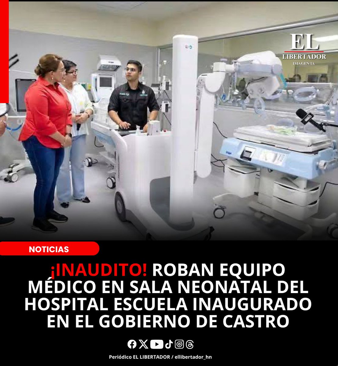 ellibertador_hn's tweet photo. ¡INAUDITO!  ROBAN EQUIPO MÉDICO EN SALA NEONATAL DEL HOSPITAL ESCUELA INAUGURADO EN EL GOBIERNO DE CASTRO

Tegucigalpa. El director del Hospital Escuela, Darío Zúniga, denunció irregularidades relacionadas con el hurto de equipo médico de la Sala Neonatal, ubicada en el quinto piso del centro asistencial, infraestructura instalada durante la administración de la expresidenta Xiomara Castro.

“Está en el quinto piso, uno de los sitios que todavía no ha sido oficialmente abierto a lo que es la atención de recién nacidos, donde hay equipo médico, el cual ha sido sustraído y que, en su debido momento, ya en las próximas horas, haremos una denuncia al Ministerio Público respecto de esto que hace falta en el hospital”, expresó.

En este sentido detalló que, hasta el momento, han identificado la sustracción de un electroencefalógrafo digital, equipo utilizado para registrar la actividad eléctrica cerebral de los recién nacidos.

Explicó que ya existen registros elaborados por la Dirección del Hospital Escuela, la Dirección Nacional de Bienes del Estado y la Secretaría de Salud (Sesal), los cuales servirán para para determinar qué equipos han sido sustraídos y establecer las circunstancias en las que ocurrieron los hechos.

#parati #noticias #ElLibertador